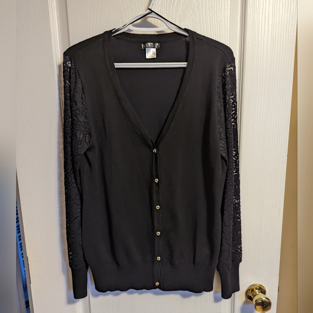 NWOT black cardigan with lace sleeves